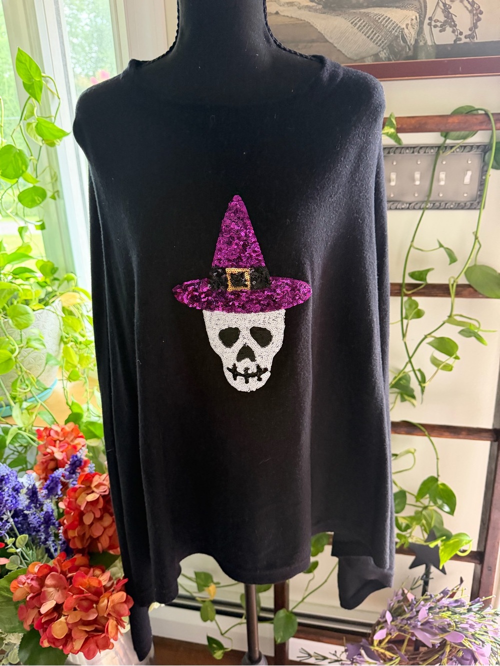 Black Skull Poncho with Purple Sequin Witch Hat NWOT